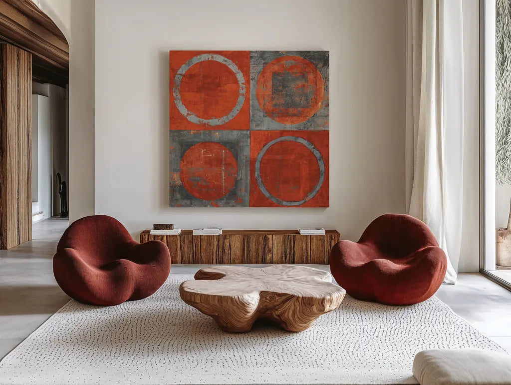 Renew Tangerine Tango by Mike Schick. Shown as extra-large giant wall art in a modern living room. Available as an archival giclee rolled canvas, fine art paper, or poster print. SKU 10250a.