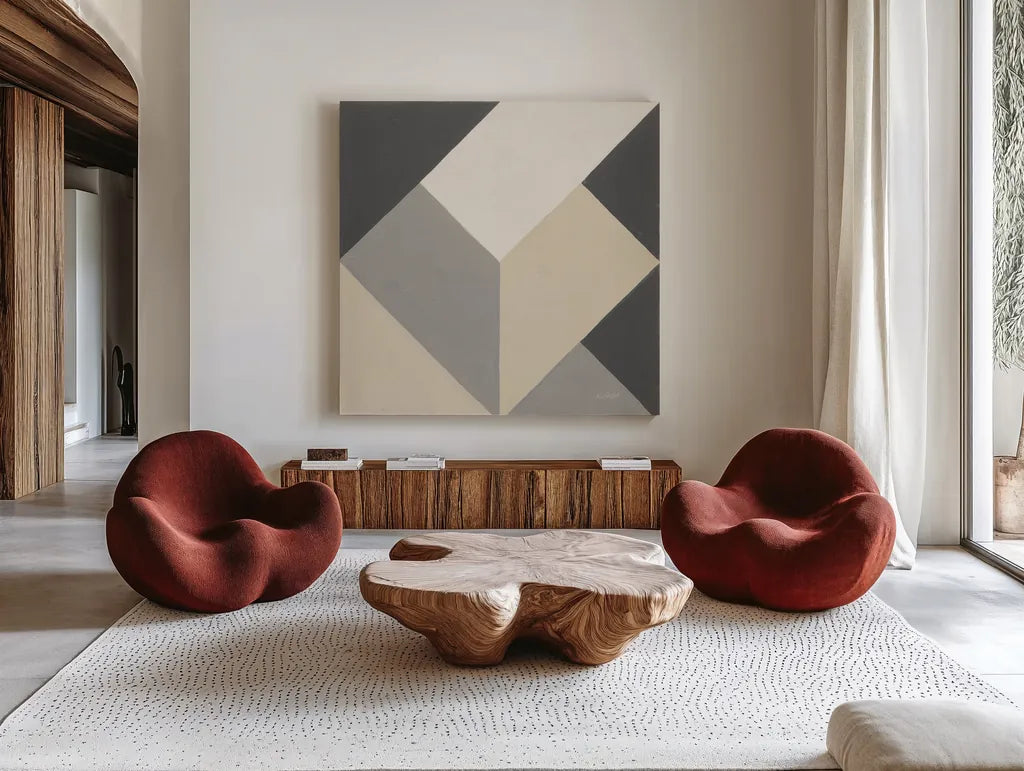 Triangles I Neutral Crop by Mike Schick. Shown as extra-large giant wall art in a modern living room. Available as an archival giclee rolled canvas, fine art paper, or poster print. SKU 70241a.