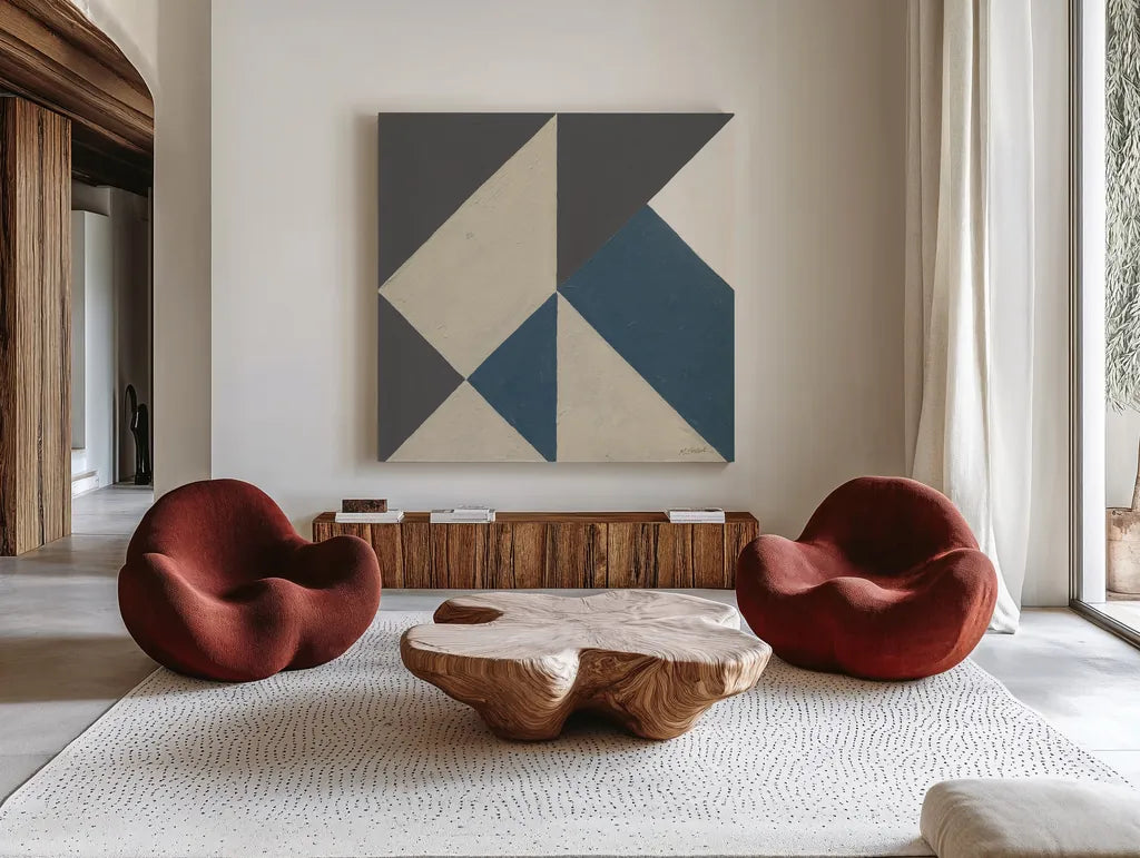 Triangles I Teal Crop by Mike Schick. Shown as extra-large giant wall art in a modern living room. Available as an archival giclee rolled canvas, fine art paper, or poster print. SKU 79789a.