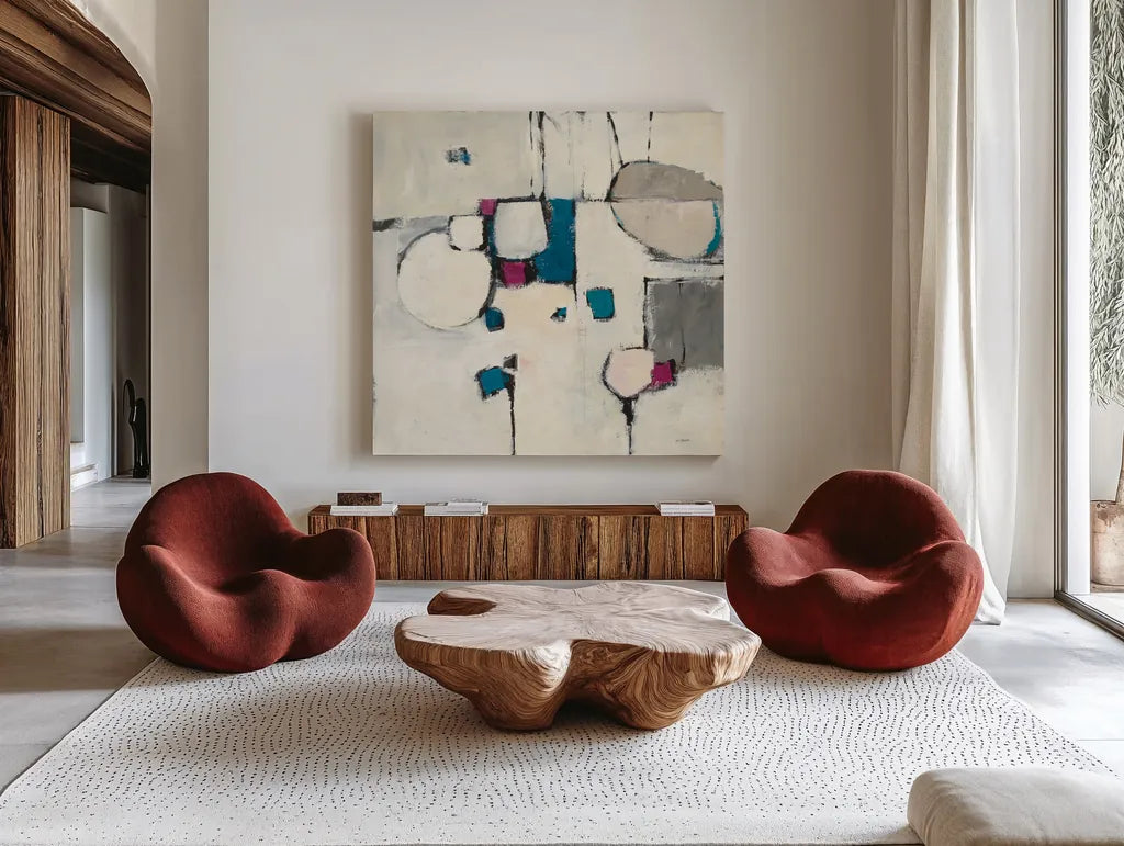 White Out II Neutral by Mike Schick. Shown as extra-large giant wall art in a modern living room. Available as an archival giclee rolled canvas, fine art paper, or poster print. SKU 19718a.
