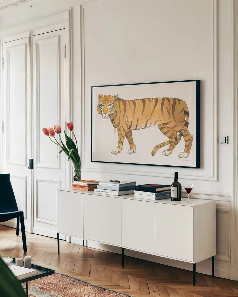 Big Cats IV by Miranda Thomas. shown as a framed stretched canvas in a living room above a console. Available as a archival giclee rolled canvas, fine art paper, or poster print. SKU 53740i.