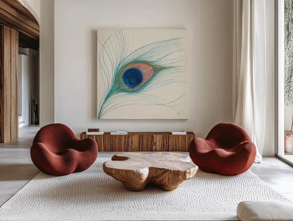 Peacock Feather I by Miranda Thomas. Shown as extra-large giant wall art in a modern living room. Available as an archival giclee rolled canvas, fine art paper, or poster print. SKU 46190a.