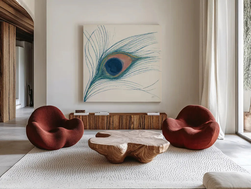 Peacock Feather I Blue by Miranda Thomas. Shown as extra-large giant wall art in a modern living room. Available as an archival giclee rolled canvas, fine art paper, or poster print. SKU 56866a.