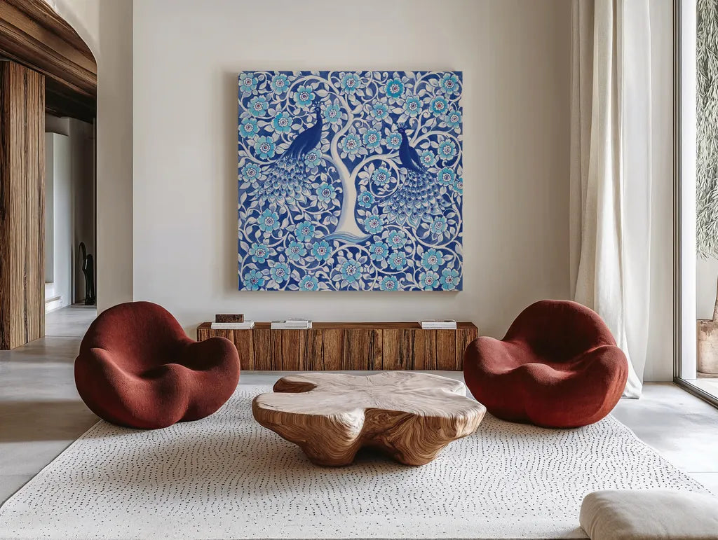 Peacock Garden VII by Miranda Thomas. Shown as extra-large giant wall art in a modern living room. Available as an archival giclee rolled canvas, fine art paper, or poster print. SKU 46198a.