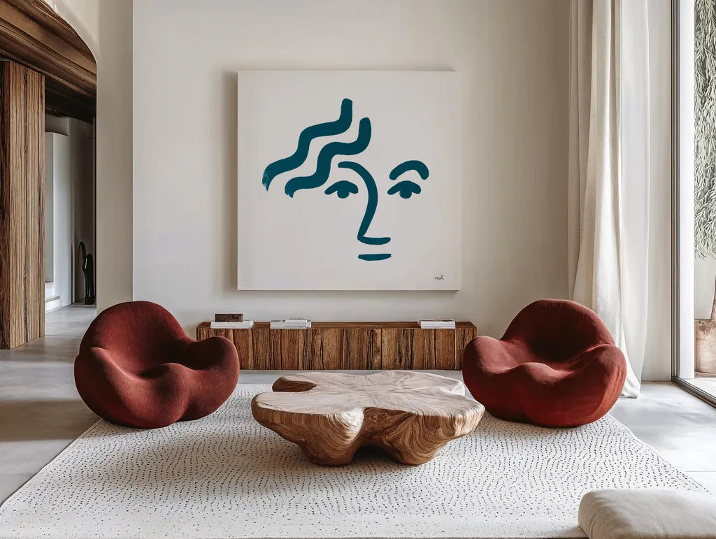 Awaken II No Color by Moira Hershey. Shown as extra-large giant wall art in a modern living room. Available as an archival giclee rolled canvas, fine art paper, or poster print. SKU 55556a.