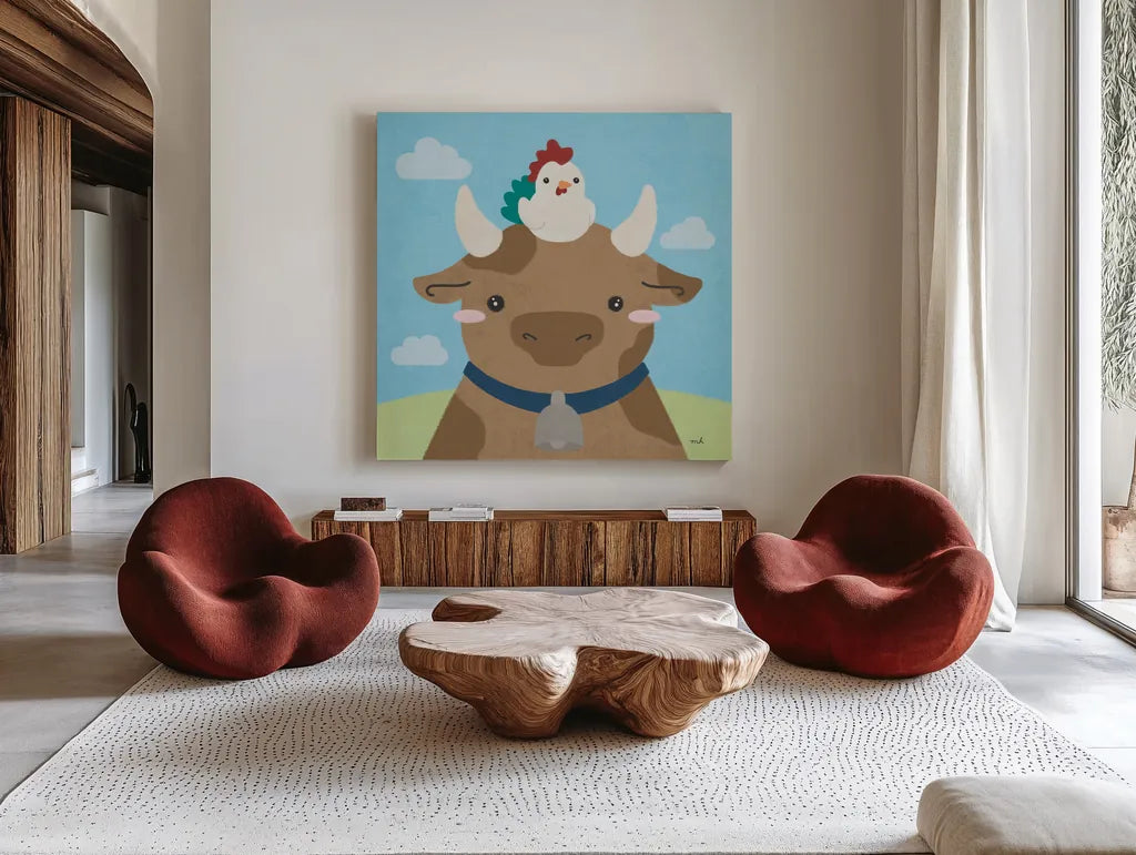Barn Buddies I by Moira Hershey. Shown as extra-large giant wall art in a modern living room. Available as an archival giclee rolled canvas, fine art paper, or poster print. SKU 49593a.