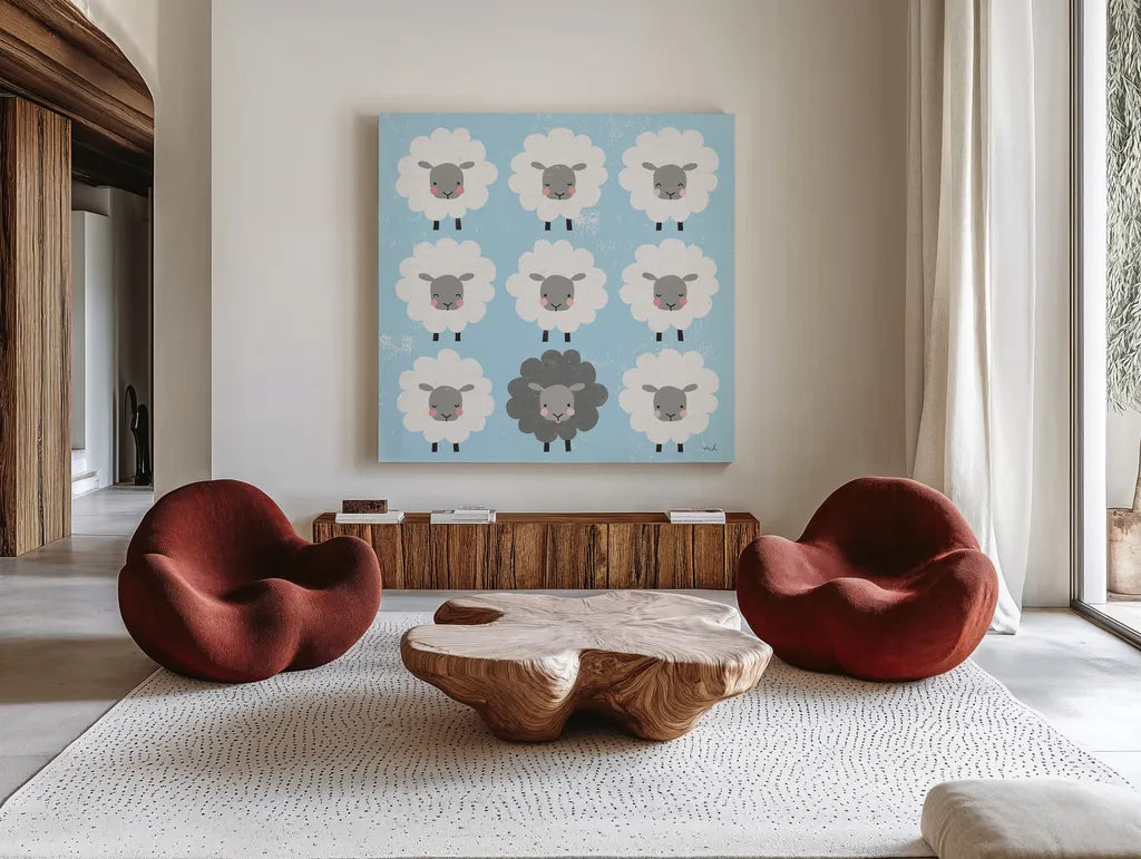 Be Ewe by Moira Hershey. Shown as extra-large giant wall art in a modern living room. Available as an archival giclee rolled canvas, fine art paper, or poster print. SKU 59590a.
