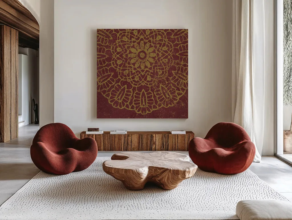 Contemporary Lace III Spice by Moira Hershey. Shown as extra-large giant wall art in a modern living room. Available as an archival giclee rolled canvas, fine art paper, or poster print. SKU 16407a.
