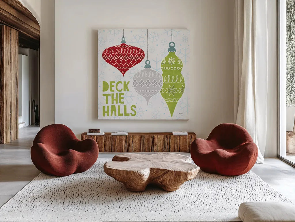 Deck The Halls Red III by Moira Hershey. Shown as extra-large giant wall art in a modern living room. Available as an archival giclee rolled canvas, fine art paper, or poster print. SKU 38413a.
