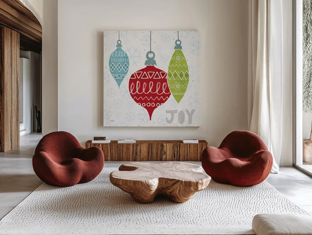Deck The Halls Red IV by Moira Hershey. Shown as extra-large giant wall art in a modern living room. Available as an archival giclee rolled canvas, fine art paper, or poster print. SKU 38414a.
