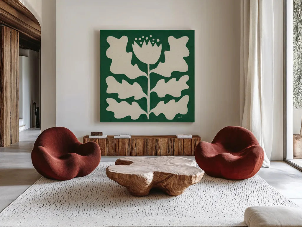 Delighted I Emerald by Moira Hershey. Shown as extra-large giant wall art in a modern living room. Available as an archival giclee rolled canvas, fine art paper, or poster print. SKU 80198a.