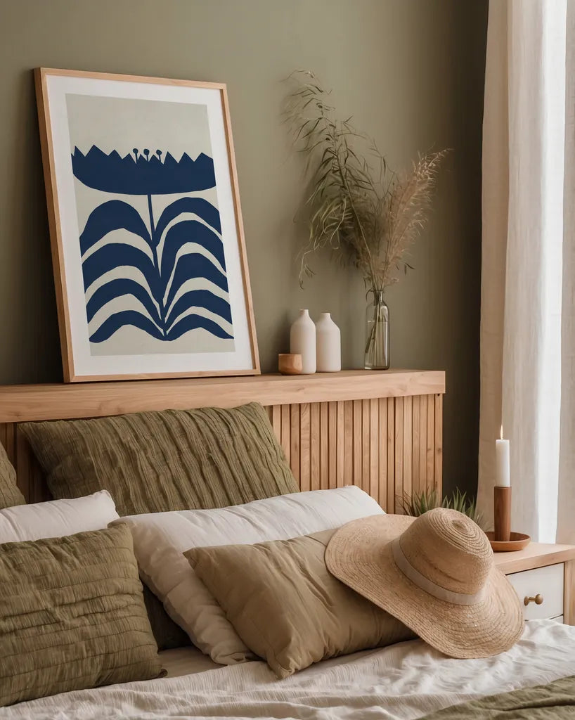 Delighted III Navy Vertical by Moira Hershey. shown as a paper print in a natural frame. Available as a archival giclee rolled canvas, fine art paper, or poster print. SKU 80737h.