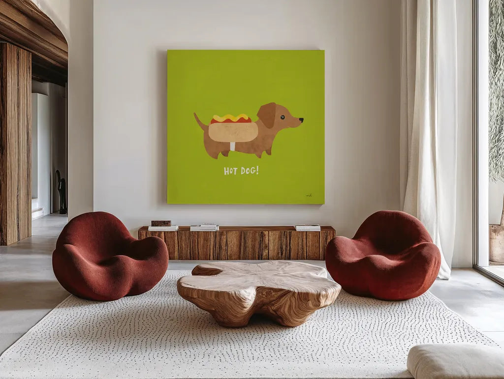 Good Dogs Dachshund Bright by Moira Hershey. Shown as extra-large giant wall art in a modern living room. Available as an archival giclee rolled canvas, fine art paper, or poster print. SKU 21629a.