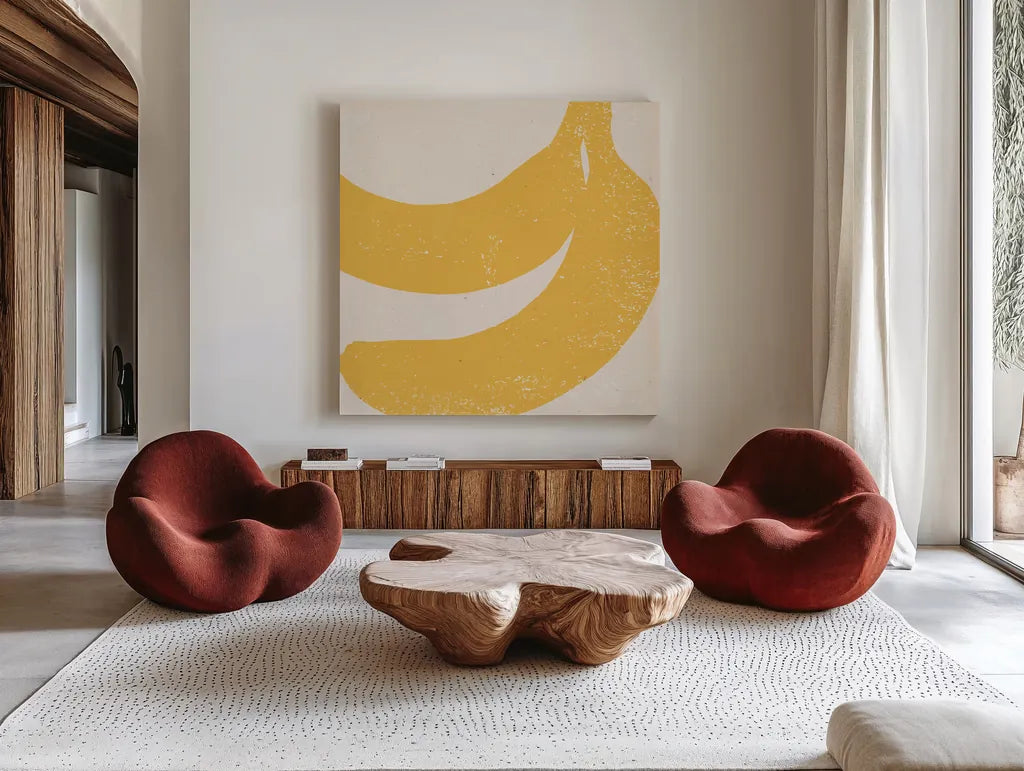 Graphic Fruit II by Moira Hershey. Shown as extra-large giant wall art in a modern living room. Available as an archival giclee rolled canvas, fine art paper, or poster print. SKU 67150a.