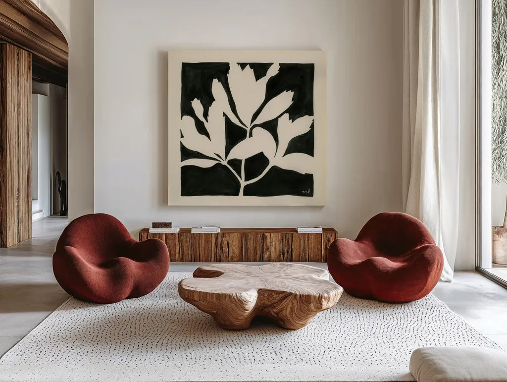 Growing II by Moira Hershey. Shown as extra-large giant wall art in a modern living room. Available as an archival giclee rolled canvas, fine art paper, or poster print. SKU 62721a.