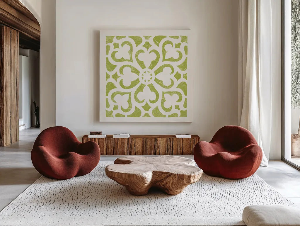 Hacienda Tile III Lime Green by Moira Hershey. Shown as extra-large giant wall art in a modern living room. Available as an archival giclee rolled canvas, fine art paper, or poster print. SKU 37022a.