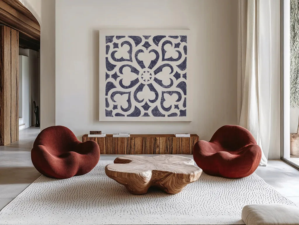 Hacienda Tile III Navy by Moira Hershey. Shown as extra-large giant wall art in a modern living room. Available as an archival giclee rolled canvas, fine art paper, or poster print. SKU 59363a.