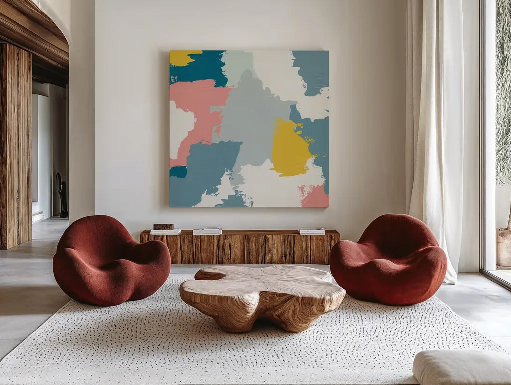 Happy II by Moira Hershey. Shown as extra-large giant wall art in a modern living room. Available as an archival giclee rolled canvas, fine art paper, or poster print. SKU 35095a.
