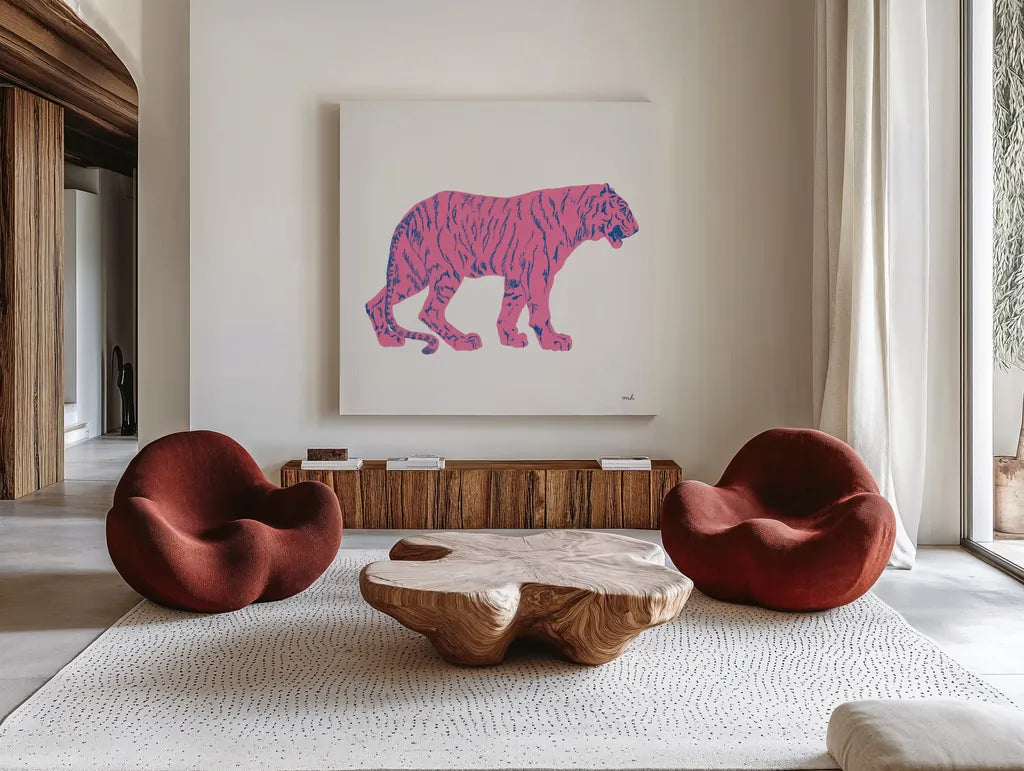 Hey Tiger I by Moira Hershey. Shown as extra-large giant wall art in a modern living room. Available as an archival giclee rolled canvas, fine art paper, or poster print. SKU 53233a.