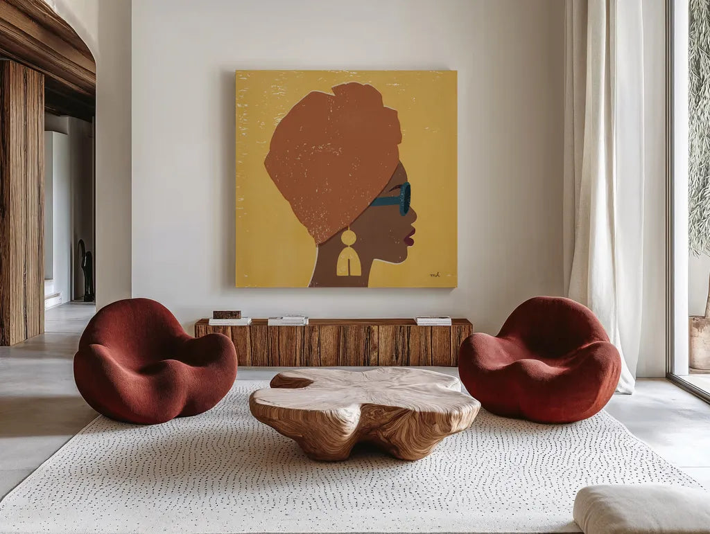 Kenya Couture I by Moira Hershey. Shown as extra-large giant wall art in a modern living room. Available as an archival giclee rolled canvas, fine art paper, or poster print. SKU 62162a.