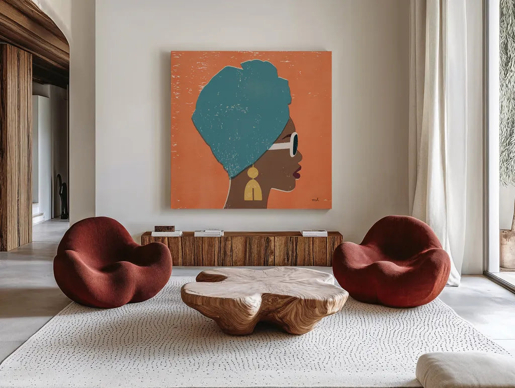 Kenya Couture I Bright by Moira Hershey. Shown as extra-large giant wall art in a modern living room. Available as an archival giclee rolled canvas, fine art paper, or poster print. SKU 68243a.