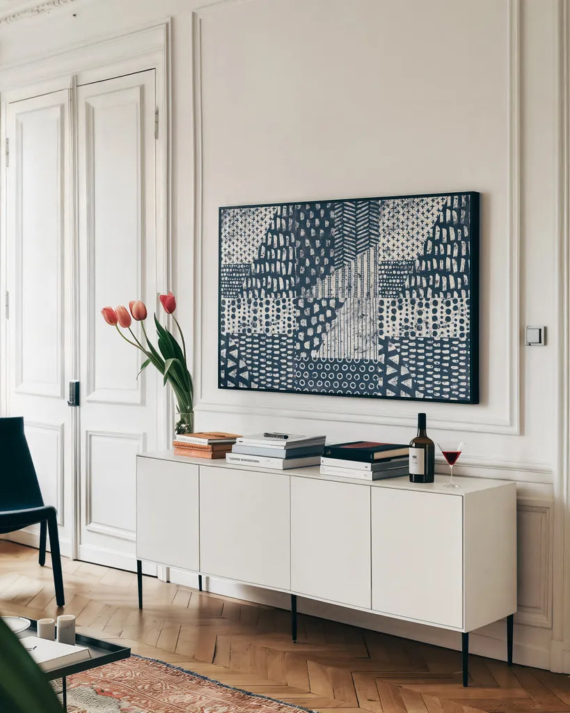 Mark Making Tile VI by Moira Hershey. shown as a framed stretched canvas in a living room above a console. Available as a archival giclee rolled canvas, fine art paper, or poster print. SKU 52898i.