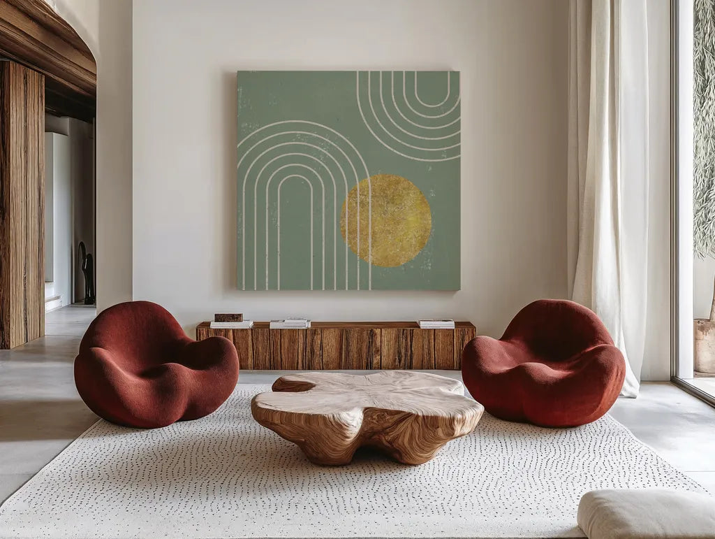 Midnight Moon II by Moira Hershey. Shown as extra-large giant wall art in a modern living room. Available as an archival giclee rolled canvas, fine art paper, or poster print. SKU 90912a.