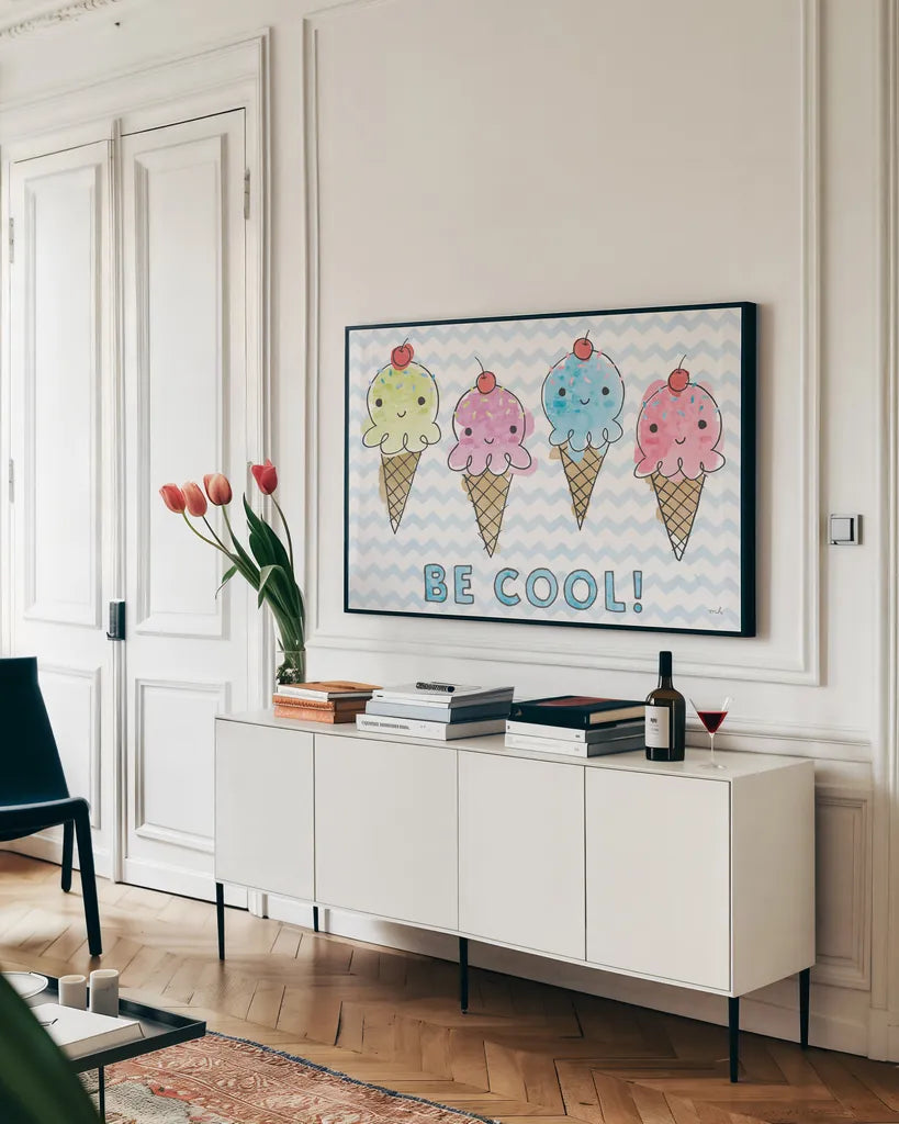 My Treat by Moira Hershey. shown as a framed stretched canvas in a living room above a console. Available as a archival giclee rolled canvas, fine art paper, or poster print. SKU 28500i.