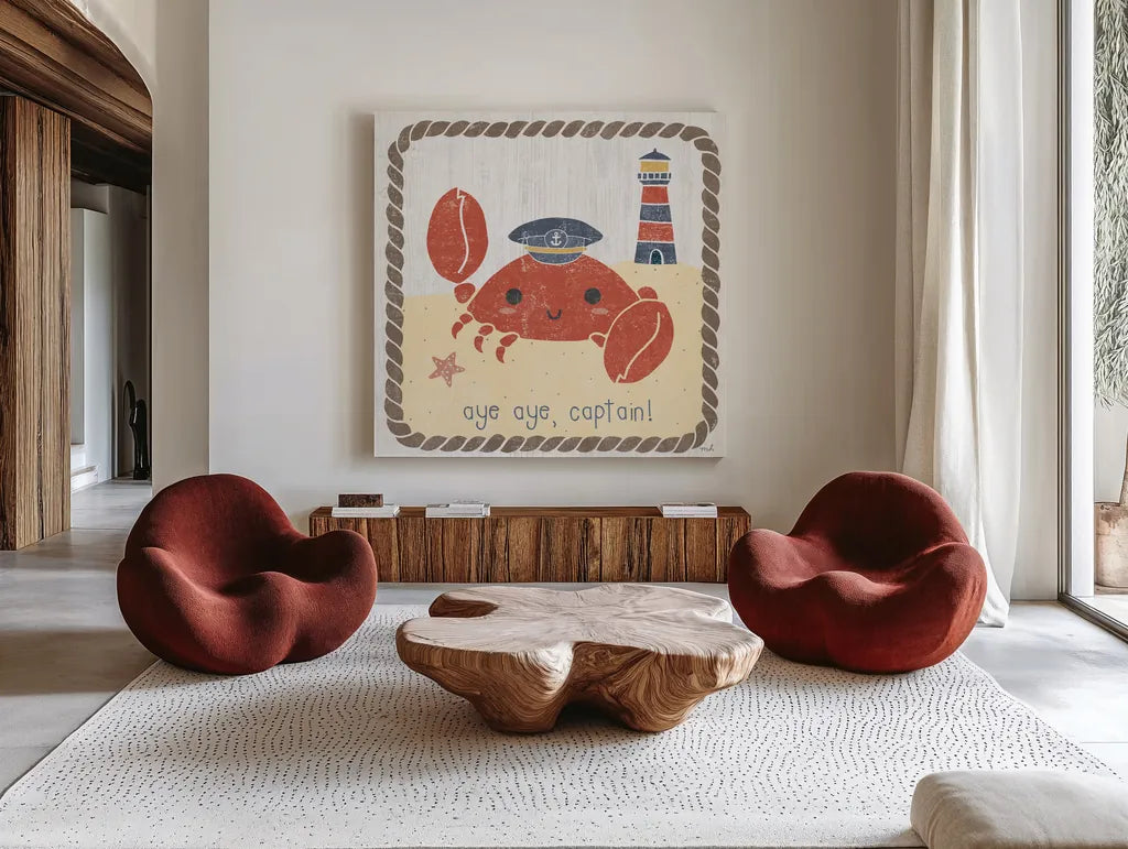 Nautical Friends II by Moira Hershey. Shown as extra-large giant wall art in a modern living room. Available as an archival giclee rolled canvas, fine art paper, or poster print. SKU 16755a.