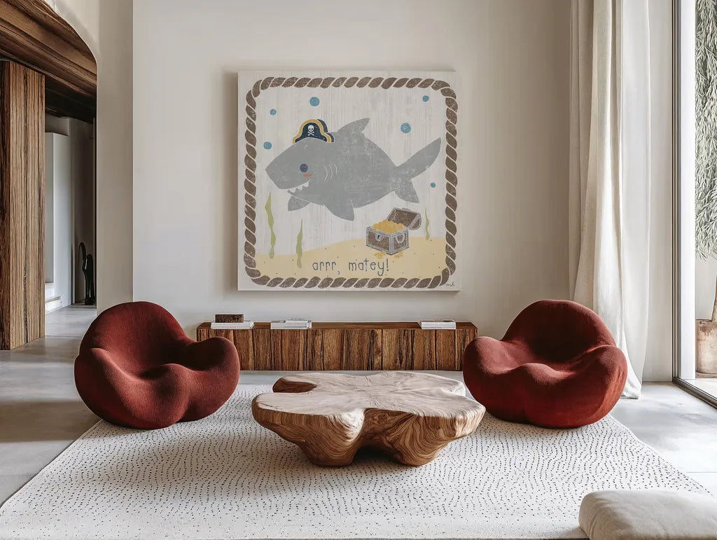 Nautical Friends IV by Moira Hershey. Shown as extra-large giant wall art in a modern living room. Available as an archival giclee rolled canvas, fine art paper, or poster print. SKU 16330a.