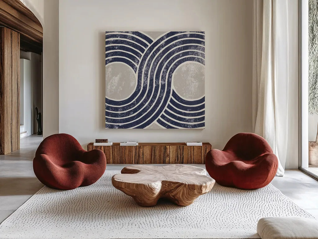 Over the Rainbow II Navy Gray by Moira Hershey. Shown as extra-large giant wall art in a modern living room. Available as an archival giclee rolled canvas, fine art paper, or poster print. SKU 56163a.