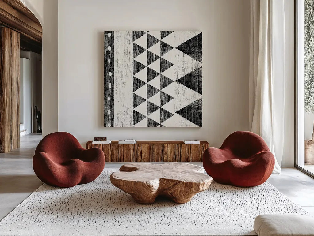Patterns of the Savanna I No Gray BW by Moira Hershey. Shown as extra-large giant wall art in a modern living room. Available as an archival giclee rolled canvas, fine art paper, or poster print. SKU 32124a.