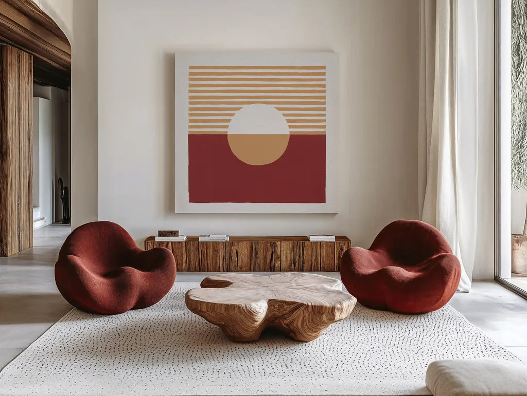 Reflection III Red Yellow by Moira Hershey. Shown as extra-large giant wall art in a modern living room. Available as an archival giclee rolled canvas, fine art paper, or poster print. SKU 70334a.