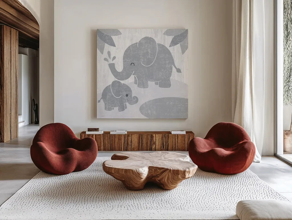 Safari Fun Elephant Gray no Border by Moira Hershey. Shown as extra-large giant wall art in a modern living room. Available as an archival giclee rolled canvas, fine art paper, or poster print. SKU 49895a.