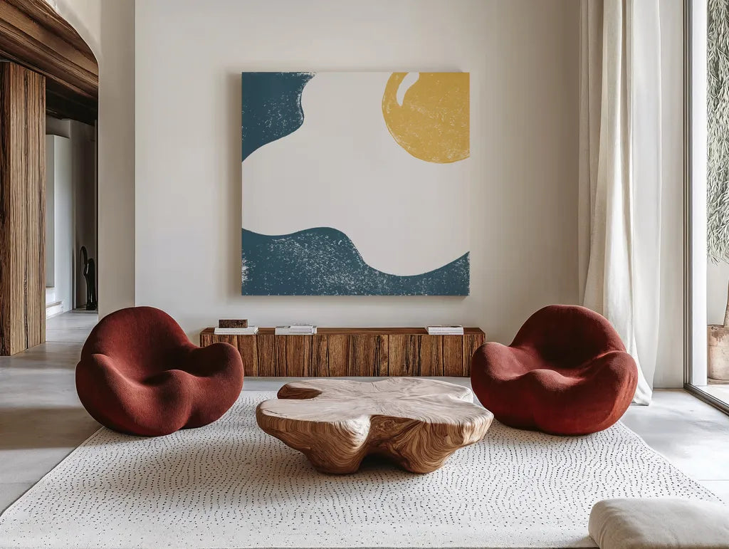 Sunny Side II by Moira Hershey. Shown as extra-large giant wall art in a modern living room. Available as an archival giclee rolled canvas, fine art paper, or poster print. SKU 63367a.