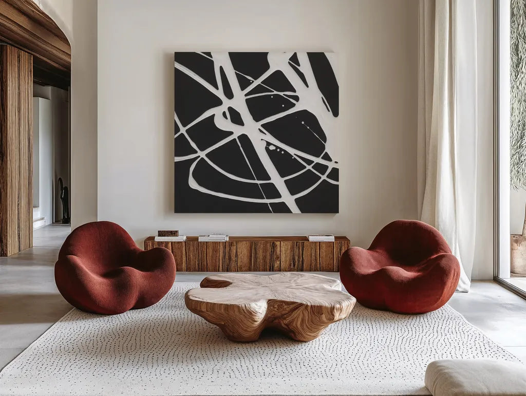 Tumbling Down I by Moira Hershey. Shown as extra-large giant wall art in a modern living room. Available as an archival giclee rolled canvas, fine art paper, or poster print. SKU 68502a.