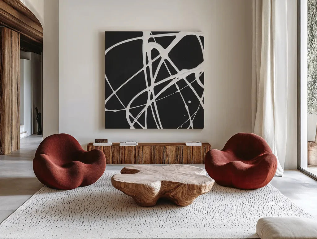 Tumbling Down II by Moira Hershey. Shown as extra-large giant wall art in a modern living room. Available as an archival giclee rolled canvas, fine art paper, or poster print. SKU 68503a.