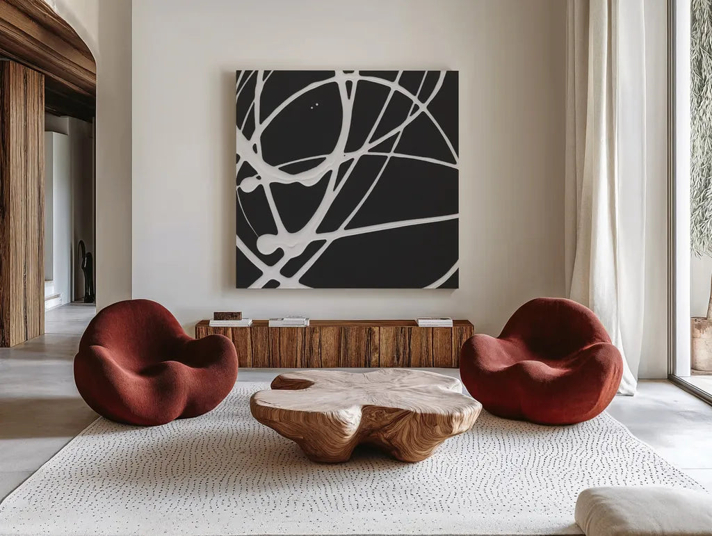 Tumbling Down III by Moira Hershey. Shown as extra-large giant wall art in a modern living room. Available as an archival giclee rolled canvas, fine art paper, or poster print. SKU 68504a.