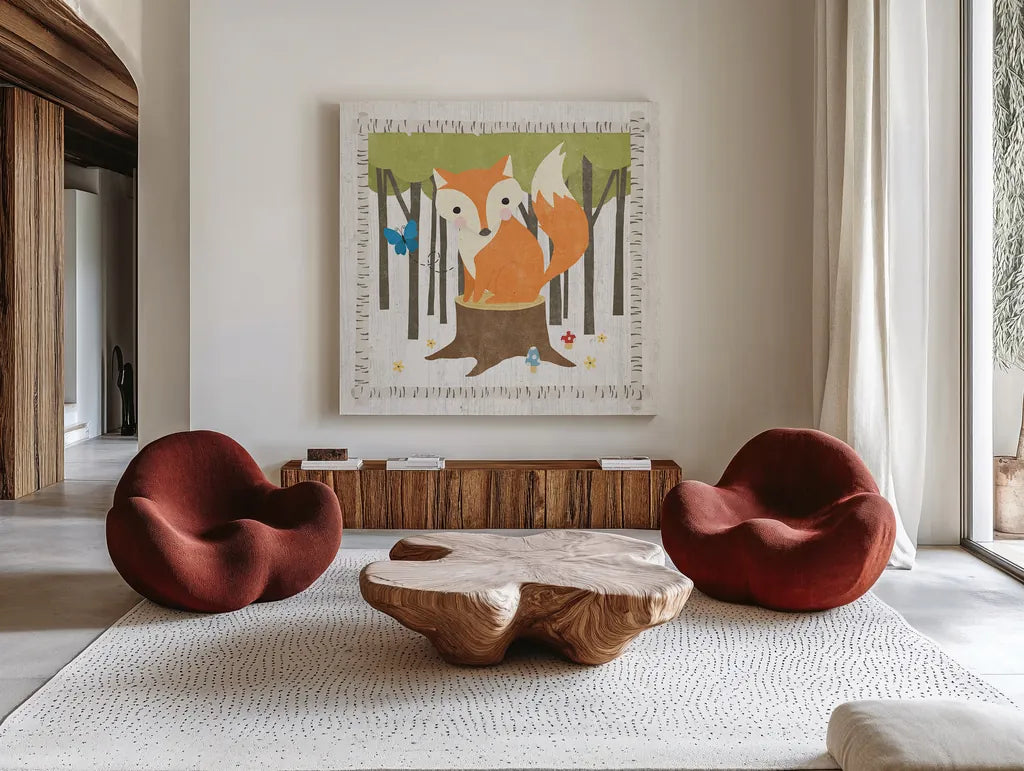 Woodland Hideaway Fox by Moira Hershey. Shown as extra-large giant wall art in a modern living room. Available as an archival giclee rolled canvas, fine art paper, or poster print. SKU 25589a.