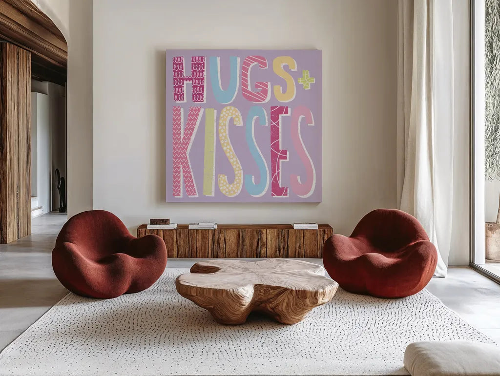 Words of Love I by Moira Hershey. Shown as extra-large giant wall art in a modern living room. Available as an archival giclee rolled canvas, fine art paper, or poster print. SKU 31356a.