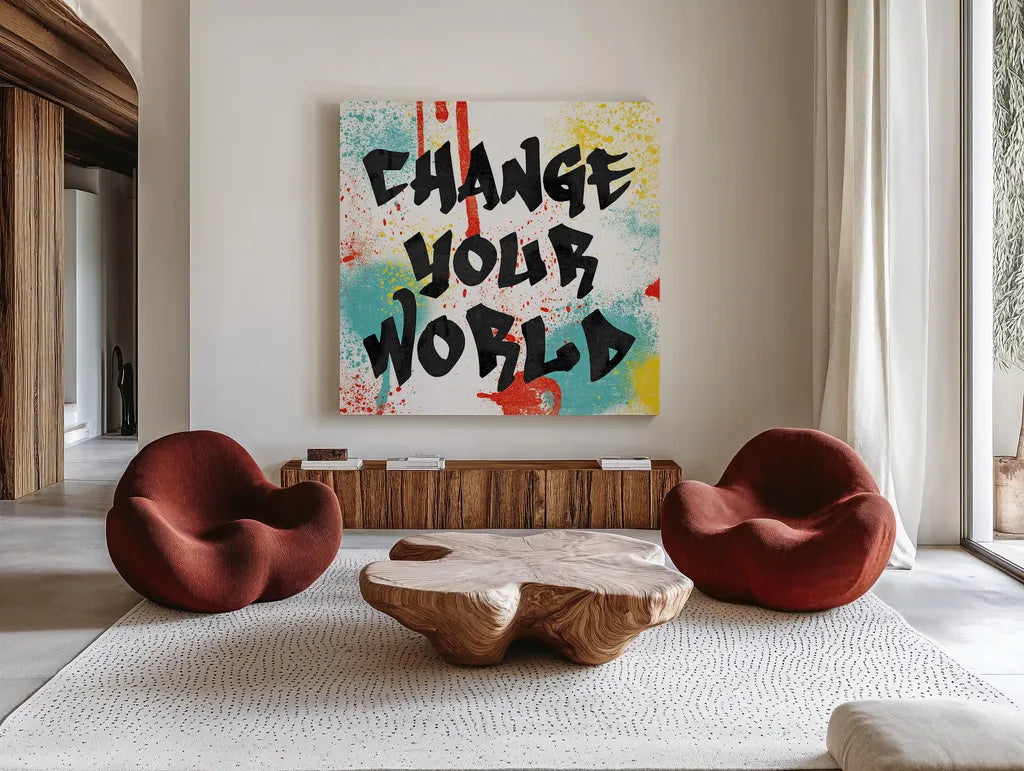 Writings on the Wall I by Moira Hershey. Shown as extra-large giant wall art in a modern living room. Available as an archival giclee rolled canvas, fine art paper, or poster print. SKU 19327a.