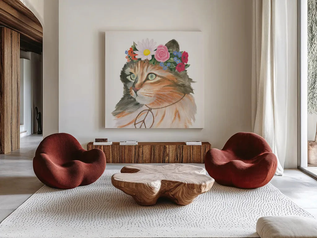 Cattitude I by Myles Sullivan. Shown as extra-large giant wall art in a modern living room. Available as an archival giclee rolled canvas, fine art paper, or poster print. SKU 34897a.