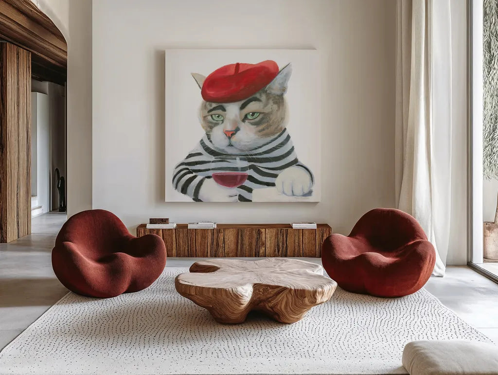 Cattitude III by Myles Sullivan. Shown as extra-large giant wall art in a modern living room. Available as an archival giclee rolled canvas, fine art paper, or poster print. SKU 34899a.