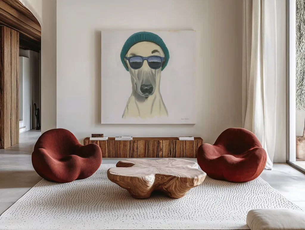 Cool Dog for the Boys II by Myles Sullivan. Shown as extra-large giant wall art in a modern living room. Available as an archival giclee rolled canvas, fine art paper, or poster print. SKU 38726a.