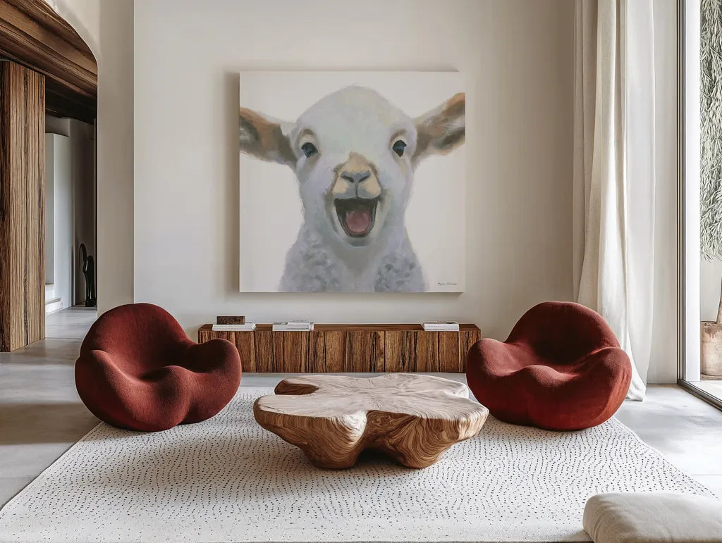 Farm Friends I by Myles Sullivan. Shown as extra-large giant wall art in a modern living room. Available as an archival giclee rolled canvas, fine art paper, or poster print. SKU 36688a.