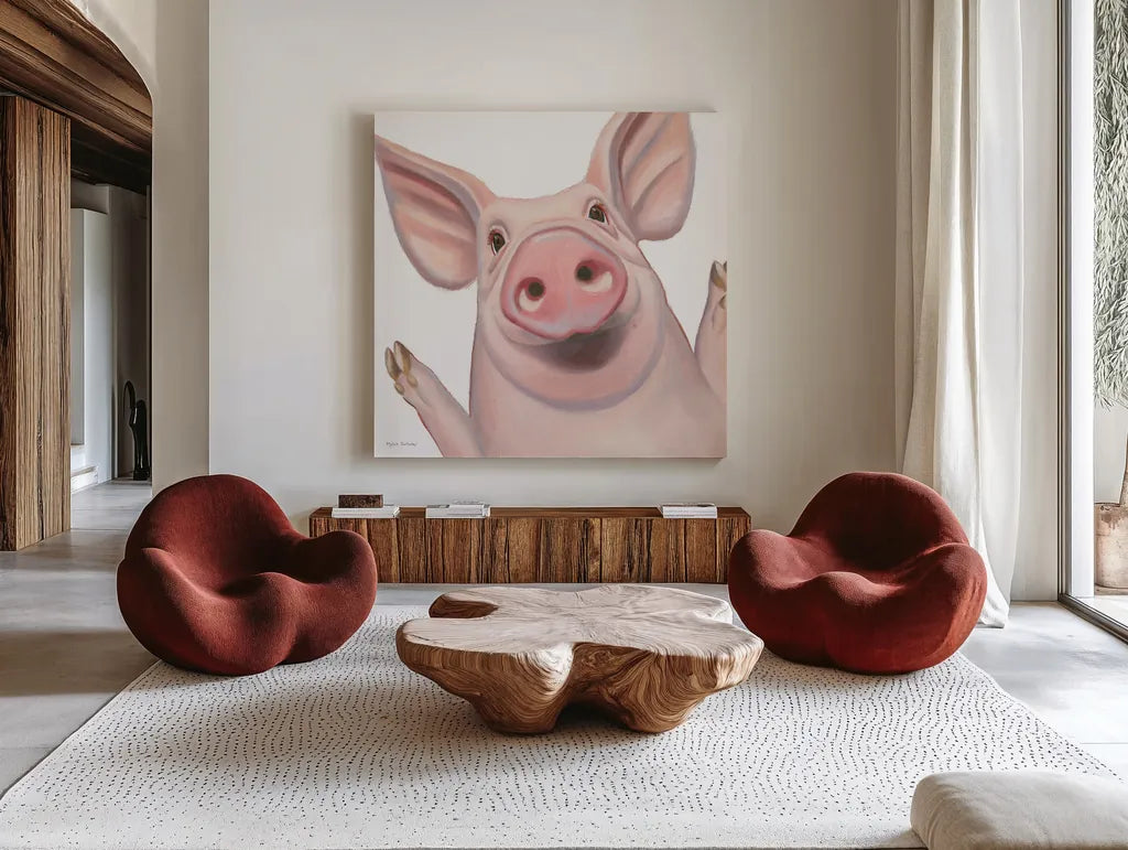 Farm Friends IV by Myles Sullivan. Shown as extra-large giant wall art in a modern living room. Available as an archival giclee rolled canvas, fine art paper, or poster print. SKU 36691a.