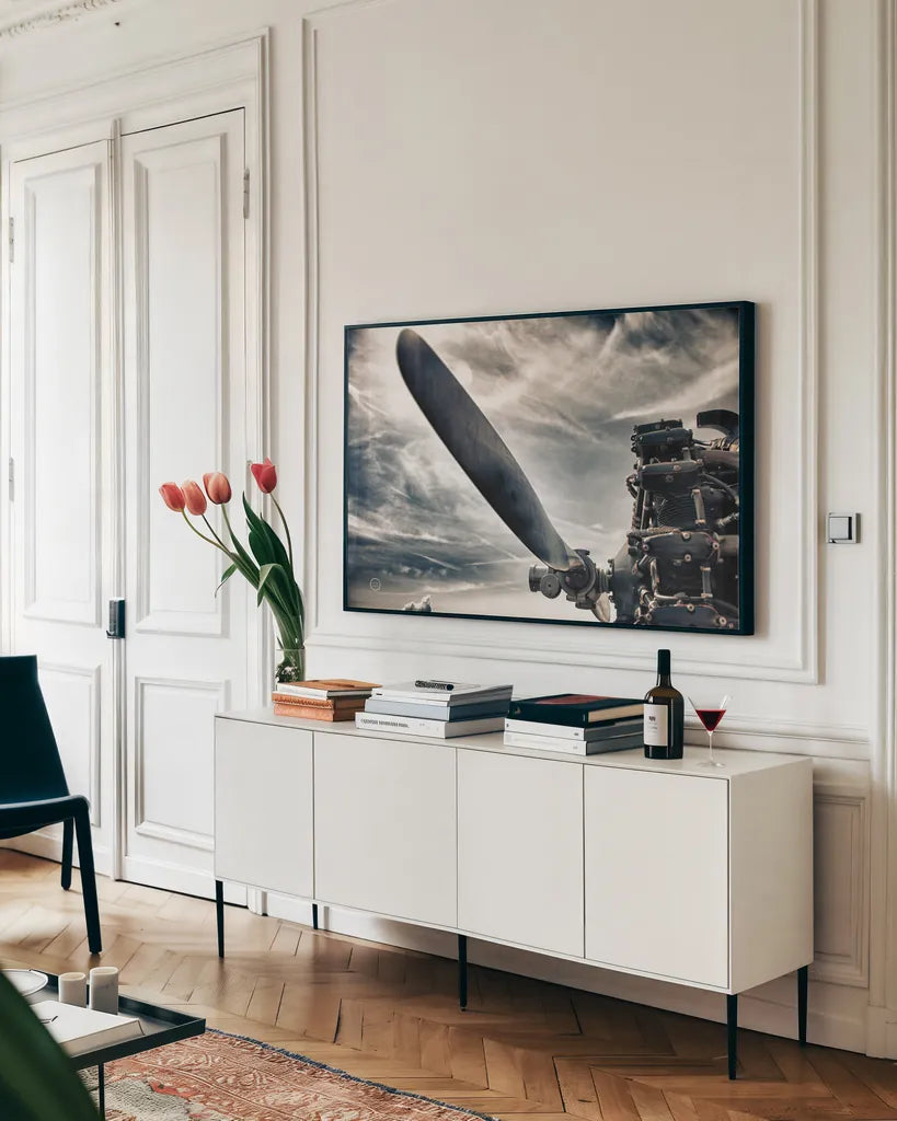 Aero Maquina by Nathan Larson. shown as a framed stretched canvas in a living room above a console. Available as a archival giclee rolled canvas, fine art paper, or poster print. SKU 70270i.