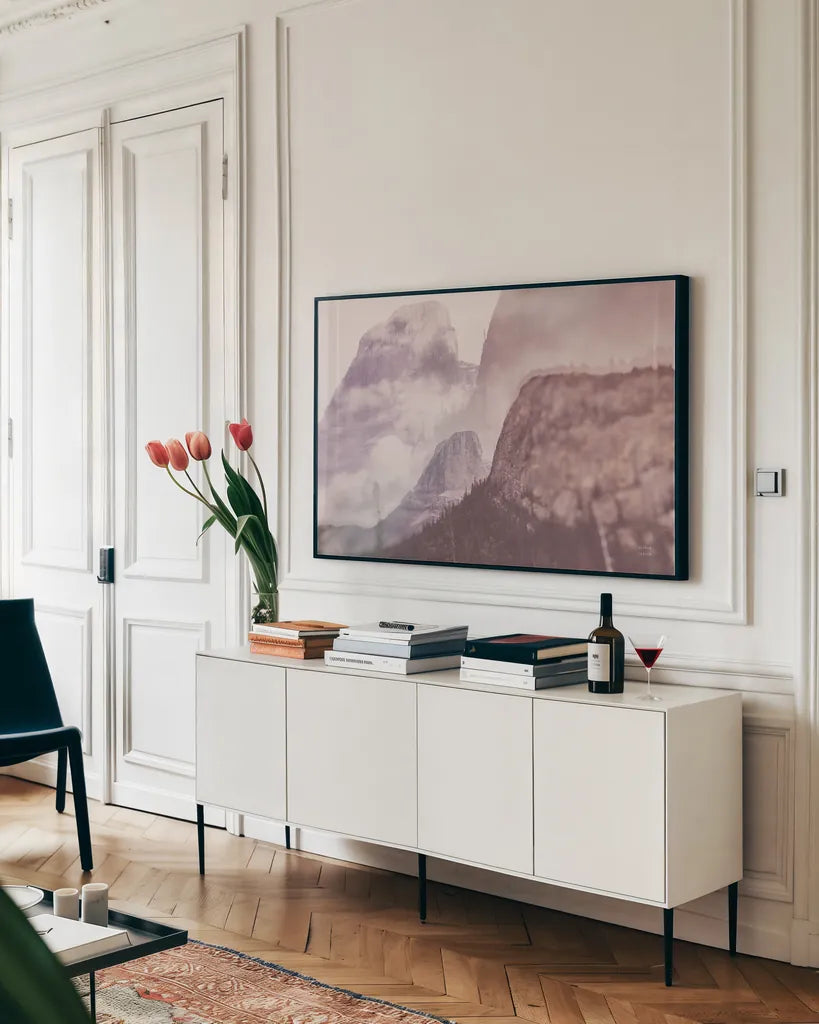 Alberta Dream II by Nathan Larson. shown as a framed stretched canvas in a living room above a console. Available as a archival giclee rolled canvas, fine art paper, or poster print. SKU 89264i.