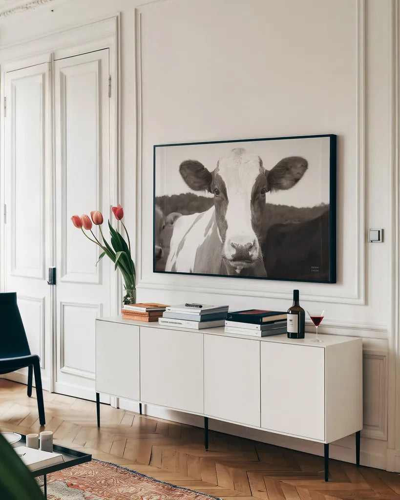 At the Barn by Nathan Larson. shown as a framed stretched canvas in a living room above a console. Available as a archival giclee rolled canvas, fine art paper, or poster print. SKU 82813i.