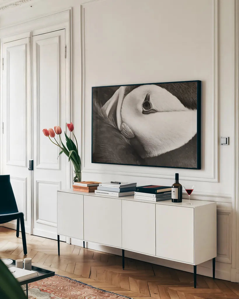Atlantic Puffin Tucked BW by Nathan Larson. shown as a framed stretched canvas in a living room above a console. Available as a archival giclee rolled canvas, fine art paper, or poster print. SKU 100613i.